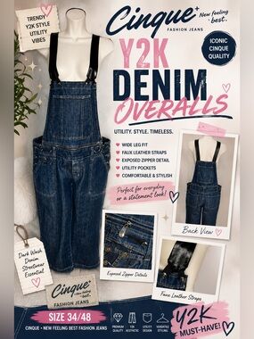 Cinque Denim Bib Overall Cropped Wide Leg Jeans Size 34/48